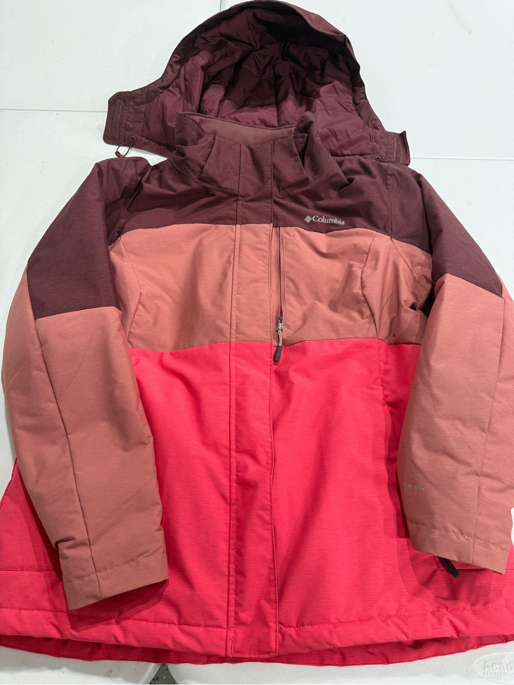 Columbia Women Colorblock Hooded Puffer Jacket in Maroon, Rose, and Coral